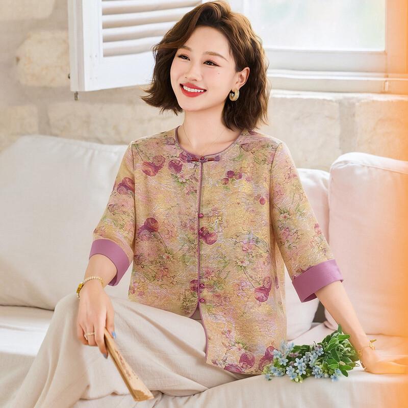 KAVON New Chinese Style Disc Button Print Seven-Sleeve Shirt XL