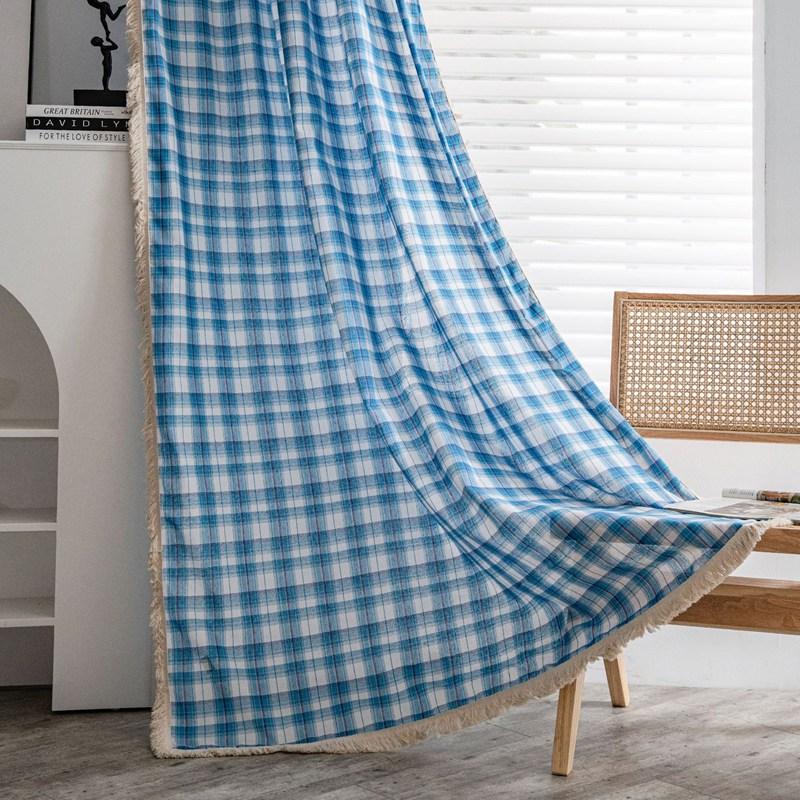 American Style Cotton Linen Plaid Curtains Bedroom Curtains with Tassel Semi-shading Kitchen Valance Drapes for Living Room