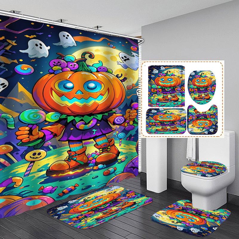 4Pcs Halloween Ghost Pumpkin Shower Curtain Set with Non-Slip Bath Mat, Toilet Lid Cover, Contour Rug & 12 Hooks, Bathroom Decor