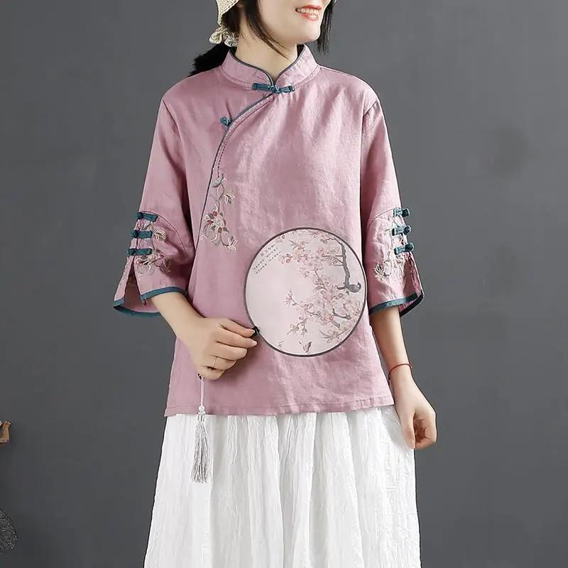 Chinese Style Retro Cotton and Linen Shirt Women's Spring and Summer Chinese Style Stand-up Collar Buttoned Top Embroidered Tea Dress