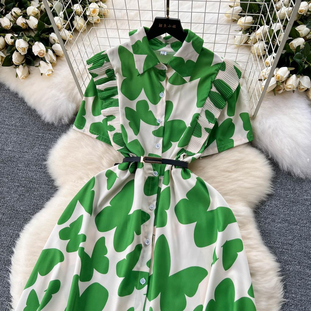 Šik Elegantní Potisk Jedlá Stromová Houba Krátký Rukáv Elegantní Zavinovací Límec Bodycon Šaty Módní Štíhlé Letní Šaty