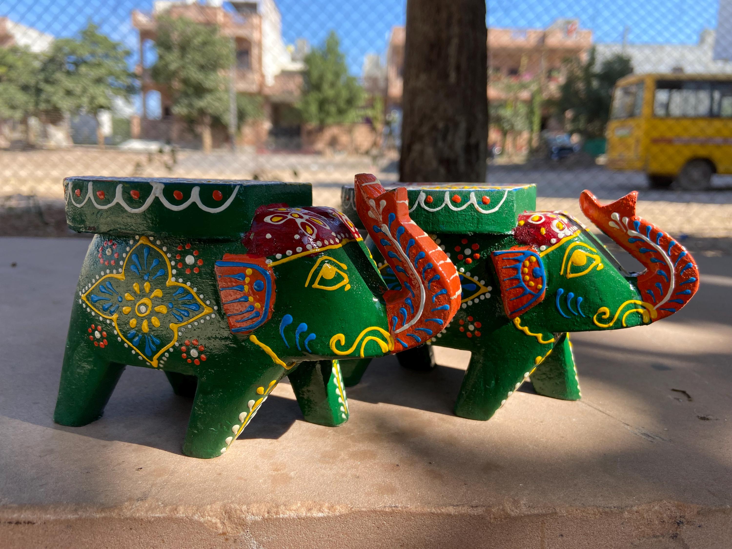 

Hand Painted Elephant Table Set: Green Embossed Indian Decor 16” X 8” X 24” (l x w x h) разноцветный