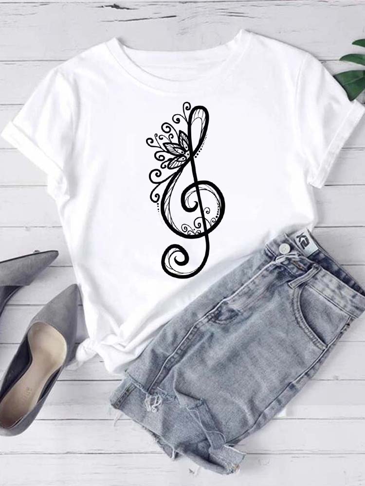 T-shirt Mode Femme Imprimé Notes de Musique T-shirt Décontracté Hauts Noirs Années 90 Dames Filles T-shirt FeUnisex Harajuku T-shirt Graphique