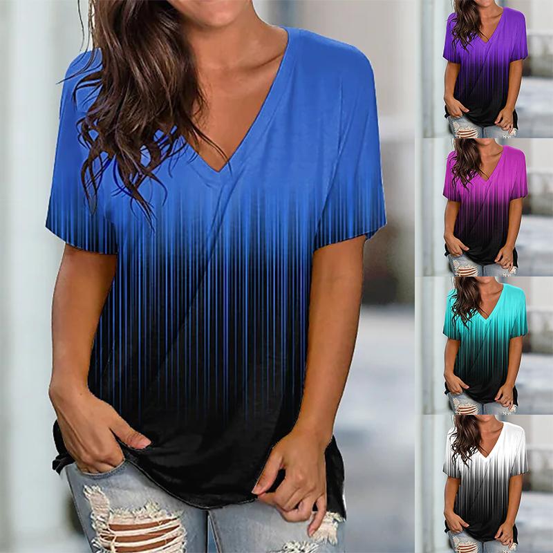 

2023 сексуальный v-образный вырез, новый дизайн, принт, короткий рукав, летний женский модный пуловер, повседневная уличная модная футболка свободного размера