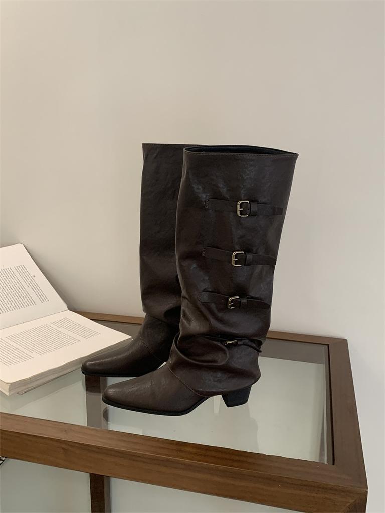 Heel Pants Boots Belt Buckle Boots 2025 Fall/Winter Pointed Western Cowboy Boots Vintage Spice Girl Knight Boots