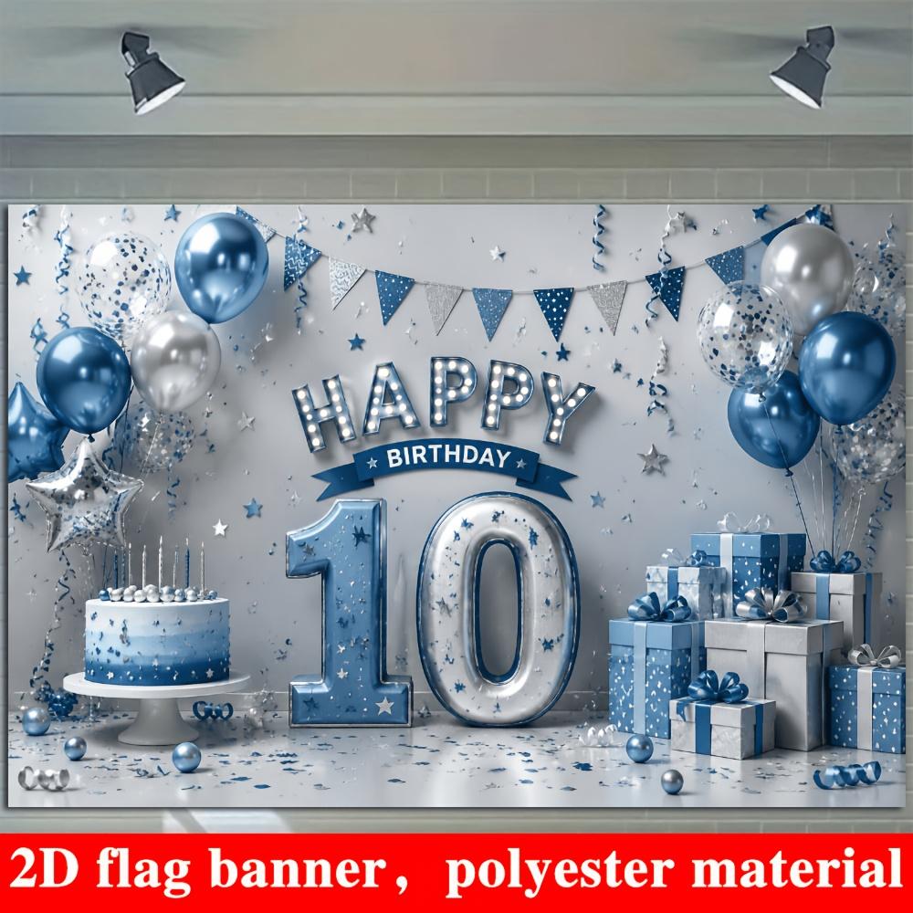 Blue Silver 10th Birthday Banner Backdrop Balloons Cake Gift Boxes Stars
