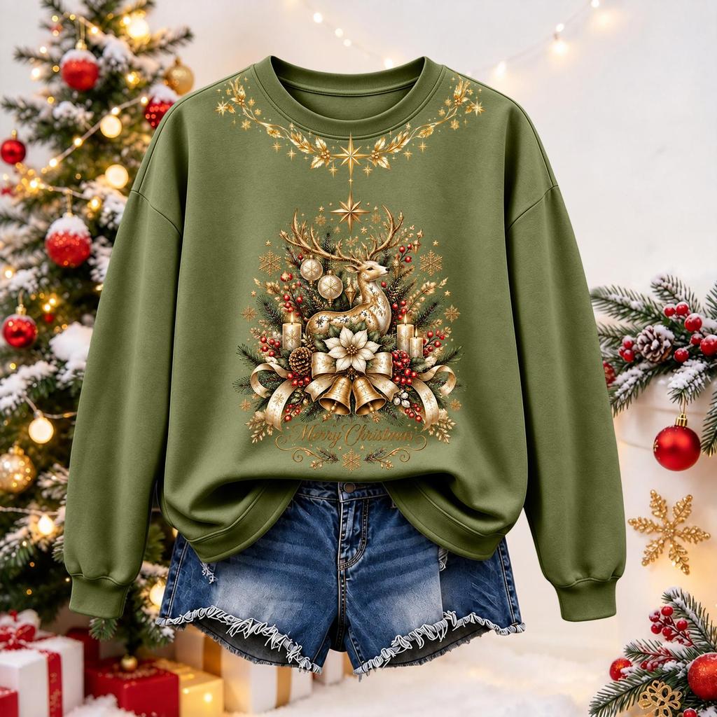 Women's Christmas Print Long Sleeve Top Casual Winter Comfortable Blouse for Holiday Wear