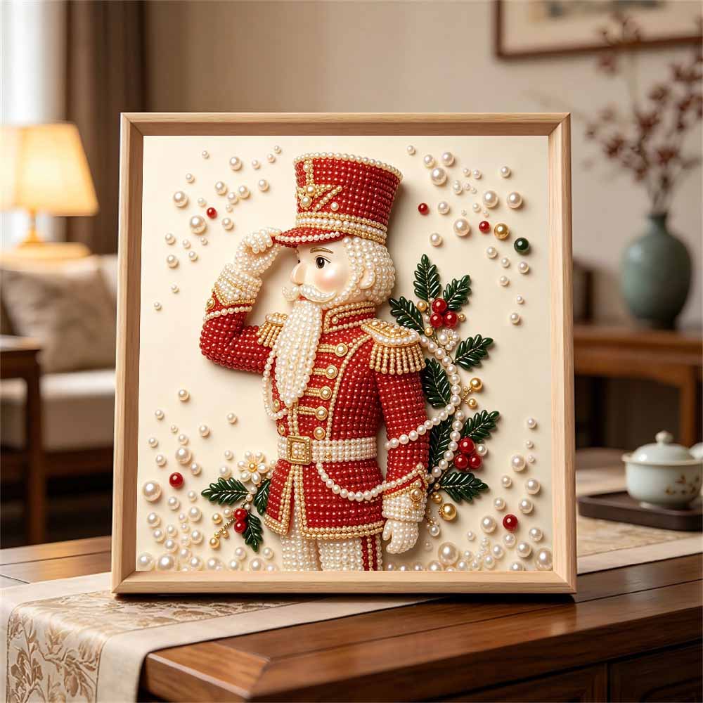 Handmade Framed Pearl Painting Set with Elegant Christmas Nutcracker Design 5D Shiny Bead Art Canvas Creative DIY Craft for Wall Room Decor