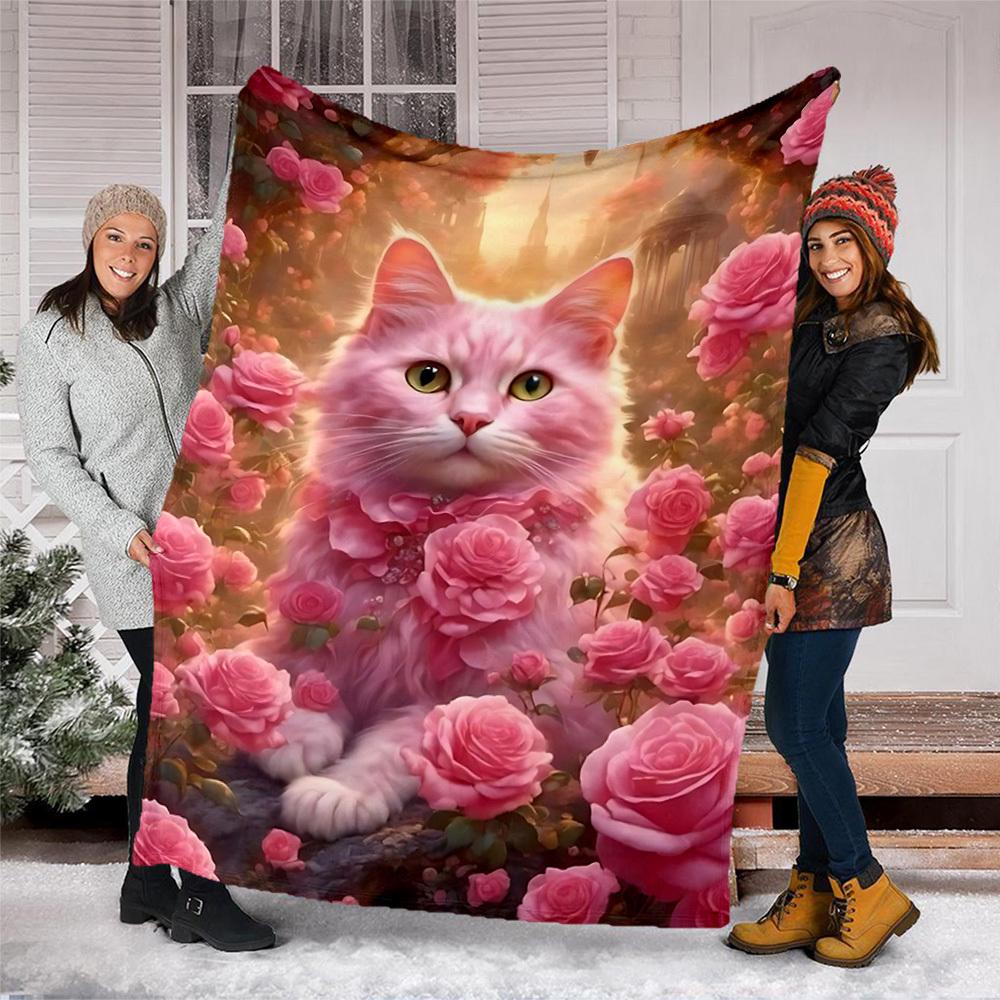 1pc Pink Rose Cat Print Outdoor Flannel Blanket , Machine Washable Perfect Gift for Birthday , Holiday Travel Accessory , Durable Material