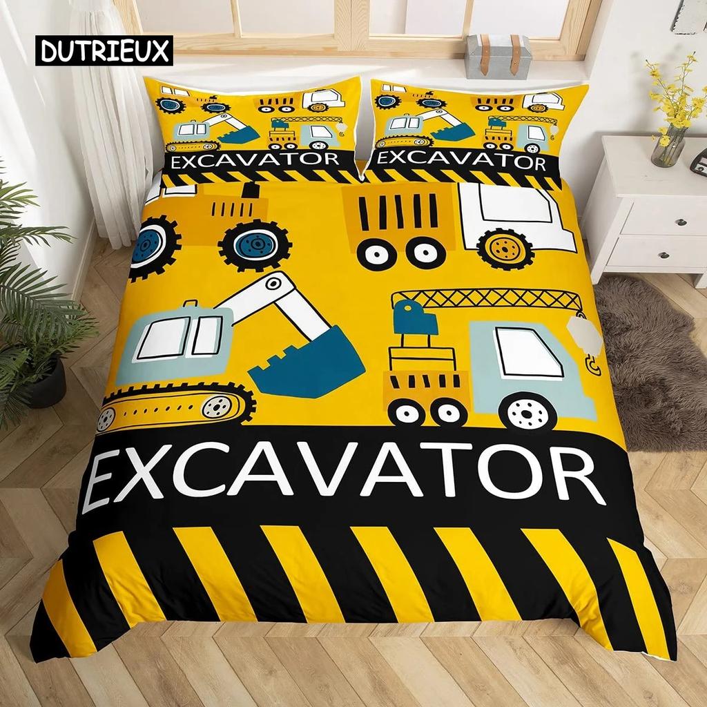 Kids Equipment Trucks Duvet Cover King Boys Cartoon Car Bedding Set Construction Highway Comforter Cover Set