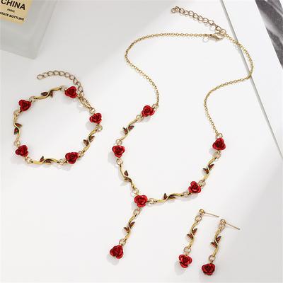 French Personality Retro Rose Cosplay Necklace Bracelet Earrings Gold Ear Studs Hand Chain Choker Rose Diamond Pendant Jewelry