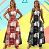 Summer Women's Geometric Print Maxi Dress Sleeveless Crew Neck Pocket Casual A-Line Long Sundress Vintage Loose Beach Vacation Dress