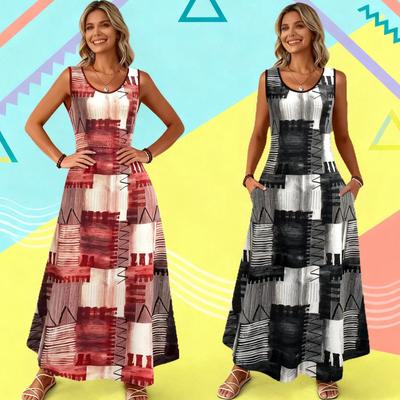Summer Women's Geometric Print Maxi Dress Sleeveless Crew Neck Pocket Casual A-Line Long Sundress Vintage Loose Beach Vacation Dress