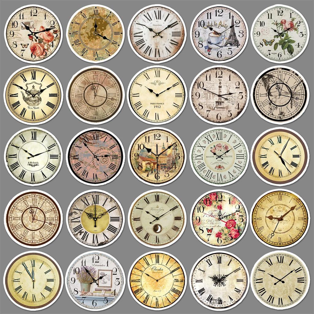50 Nostalgic Clocks and Doodles Personalized Creative Retro Guka Decorative Mobile Phone Case Suitcase Stickers Waterproof