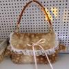 Japanese Lolita Shoulder Bag Cute Plush Deer Print Handbag Lace Bow Y2k Underarm Bag Magnetic Clasp Wallet Crossbody Phe Bag