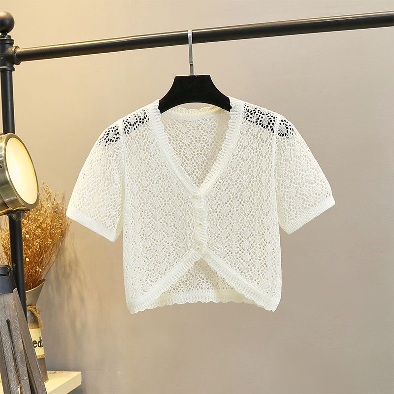 

Кардиган женский летний тонкий вязаный с коротким рукавом из ледяного шелка, ажурный, солнцезащитный, приталенный, короткий, с V-образным вырезом, верхняя одежда, юбка на бретелях White -8066 2XL