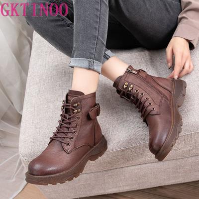 Fashion Women's Genuine Leather Ankle Boots Women Autumn Winter Lace Up Vintage Women Punk Boots Flat Ladies Shoes Woman Botas Mujer