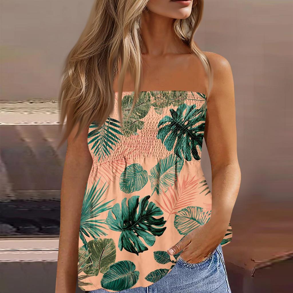 Women's Summer Fashion Strapless Top, Cute and Sexy Off-Shoulder Hawaiian Print Sleeveless T-Shirt