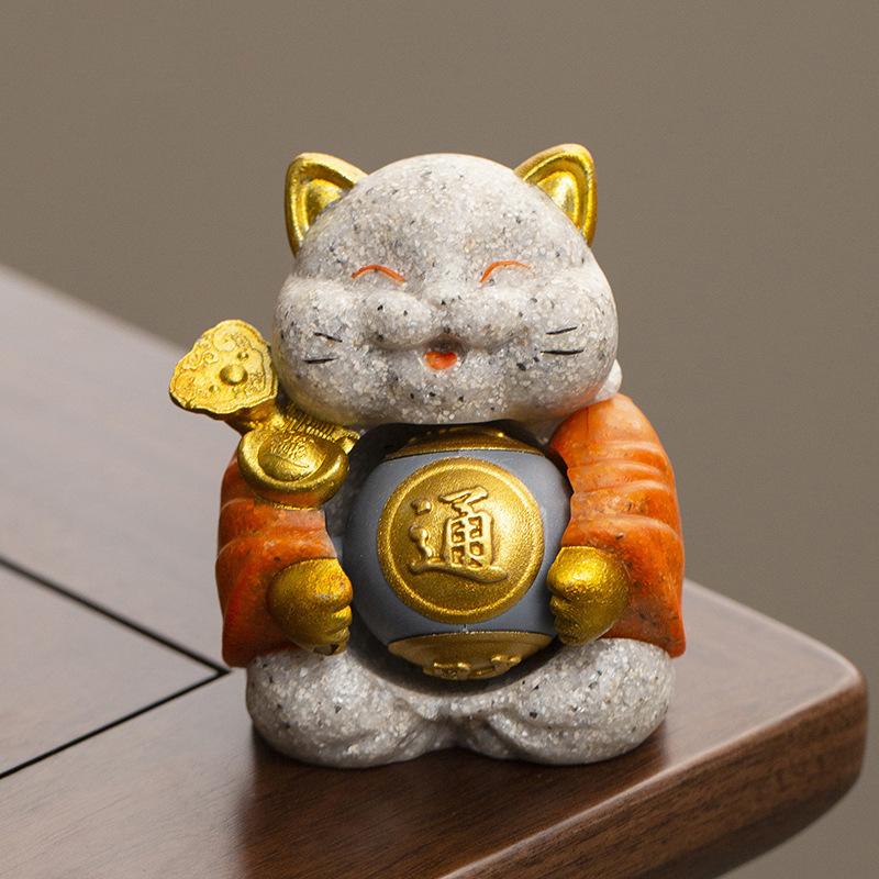 Sandstone Lucky Cat  sculptures and figurines Chinese characteristic ornaments Home, Room Office Car Wealth Luck Feng Shui Decor