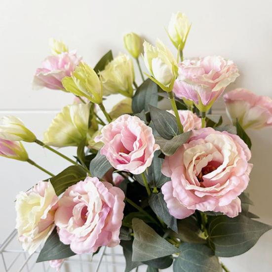 3 Heads Artificial Flower Bouquet Faux Silk Eustoma Lisianthus Flower with Long Stem Fake Floral Arrangement for DIY Wedding Bouquet