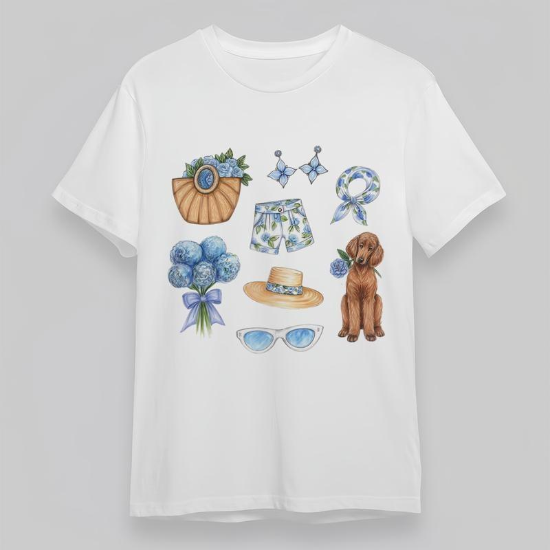

Women s Classic T-Shirt Blue Floral Summer Elements With Straw Bag Graphic Tee M