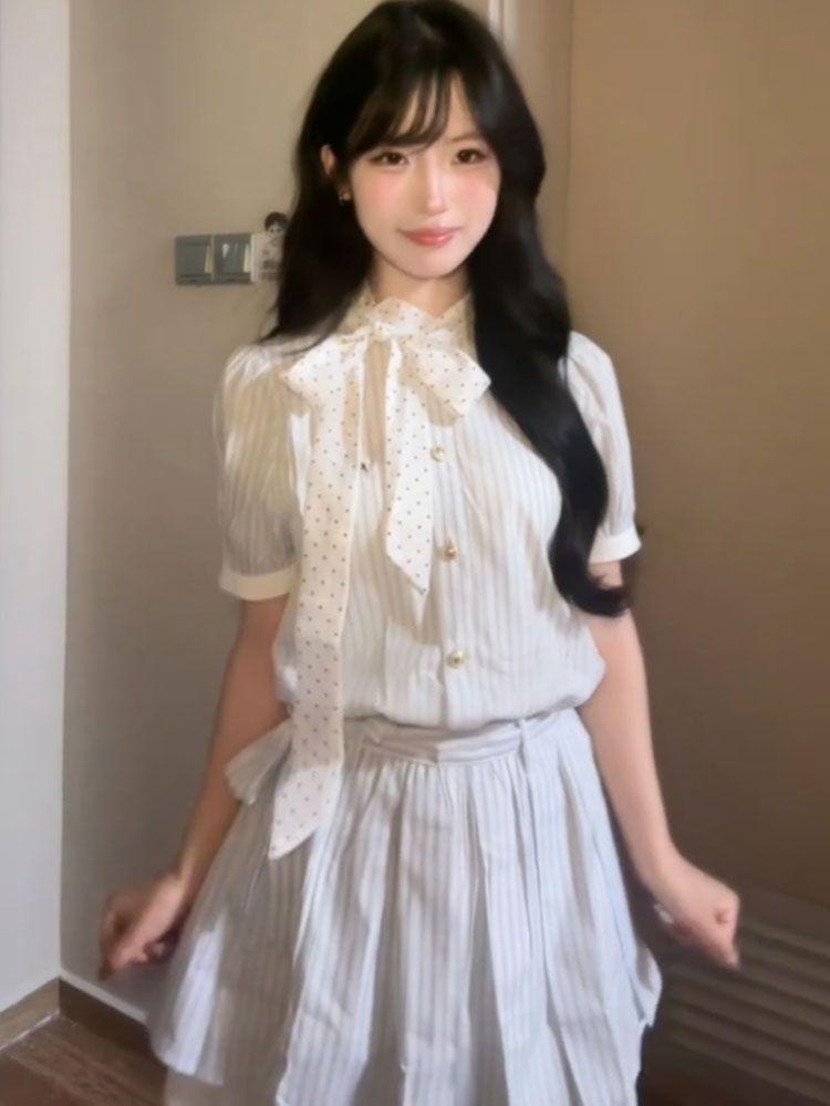 Sweet Academy Bow Striped Shirt Dress Girls Summer New Waist Skinny Short Skirt