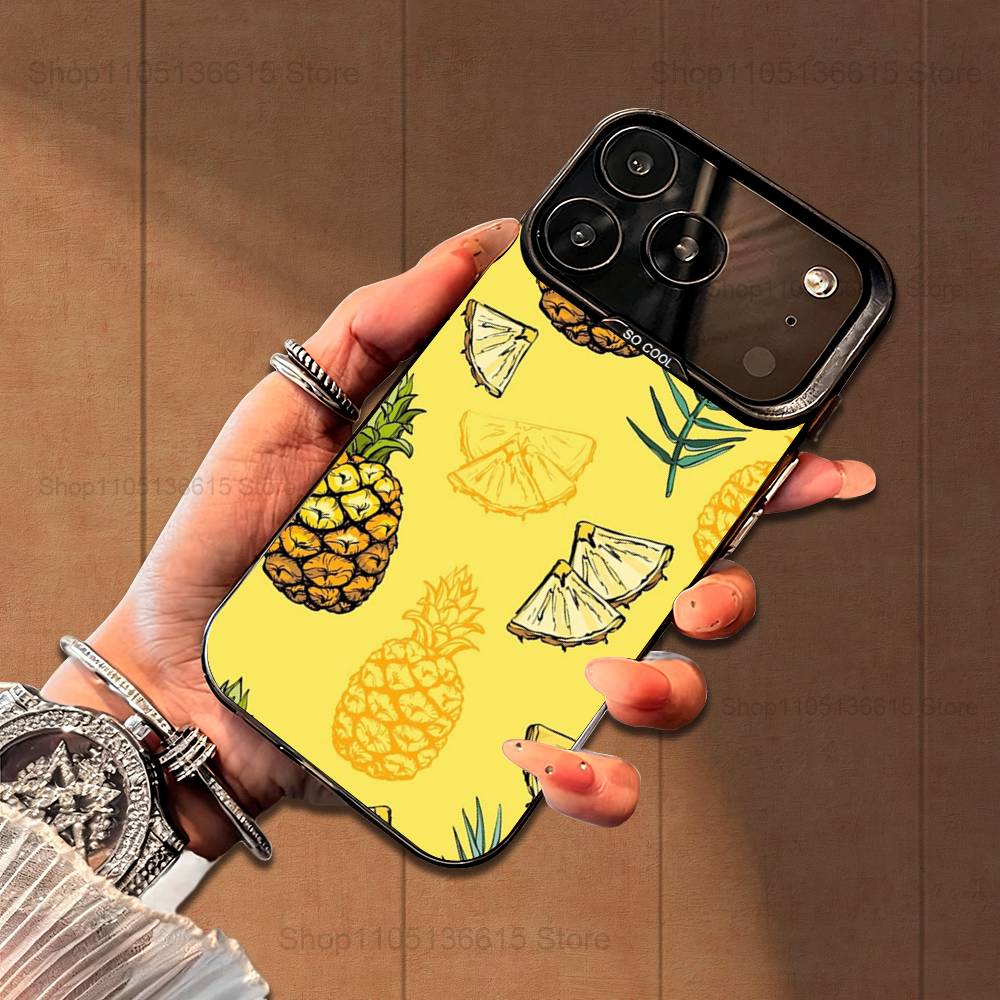 Cute Pineappl Art Fruit  Case For iPhone 16,15,14,17,13,12,11,Mini,Pro,SE,XS,MAX,Black Matte Silicone Cover