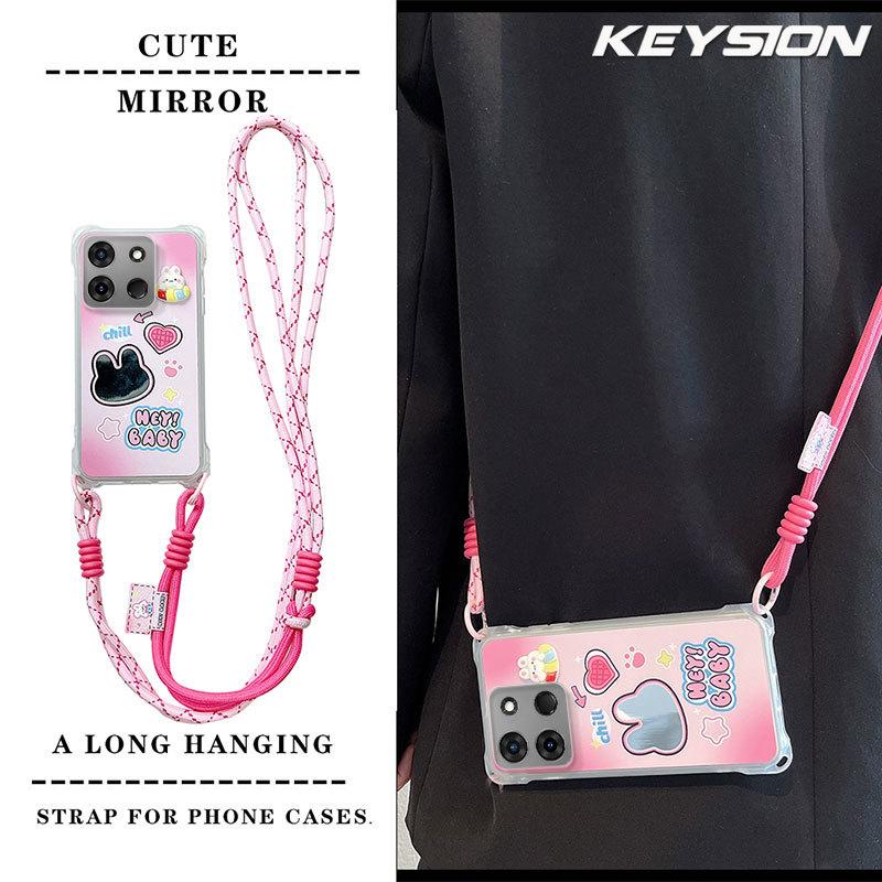 KEYSION Crossbody Strap Phone Case for TECNO Spark Go 2023 Pop 7 Pro Cute Cartoon Long Lanyard Mirror Shockproof Cover for Infinix Smart 7