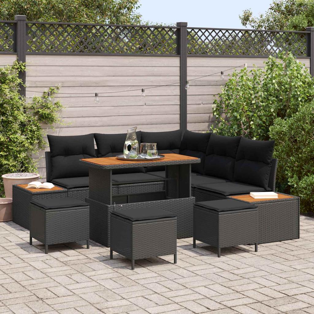 9 Piece Black Garden Sofa Set with Cushions