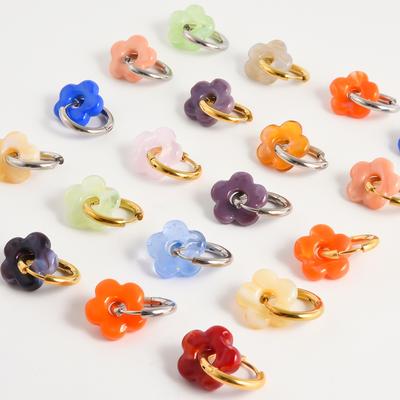 Colorful Flower Glass Drop Charms Earring Gold Color Circle Ear Buckle Hoops Stainless Steel Earrings Fashion Jewelry for Women