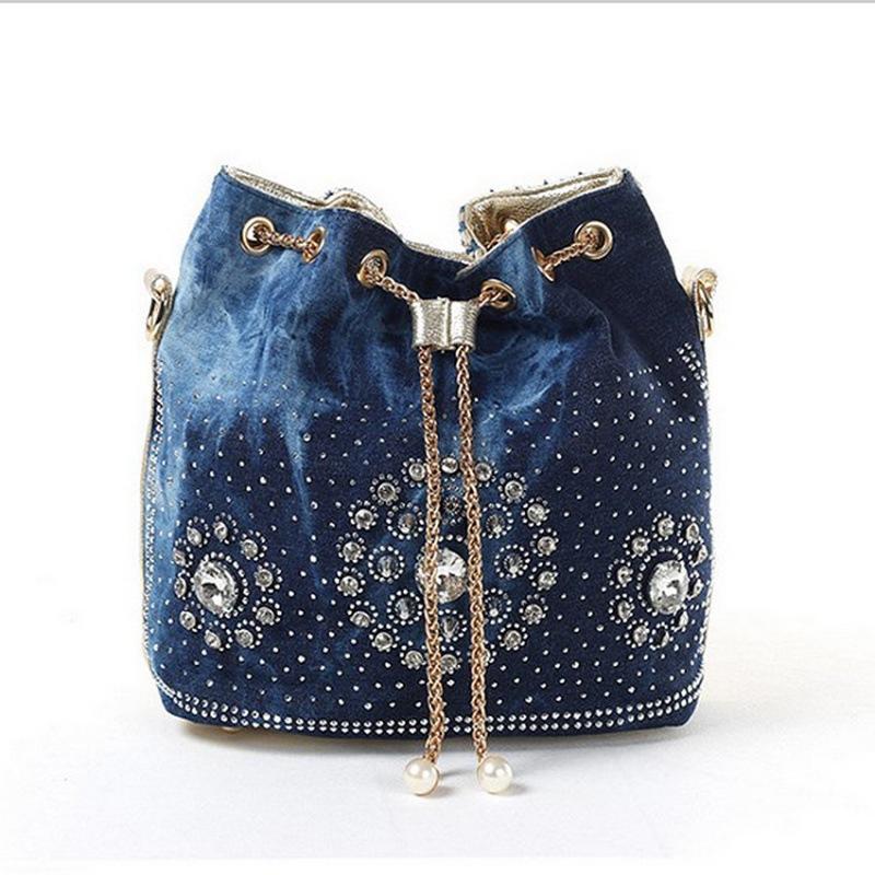 Bags Women'S Bags Bucket Bags One Shoulder Crossbody Woven Bags Rhinestone Chain Bags Denim Bags