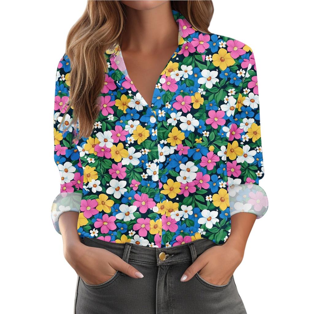 Kadın Gömlek Çiçek Baskılı Düğmeli Uzun Kollu Günlük Normal Gömlek Bluzlar Günlük Büyük Beden Temel Üstler
