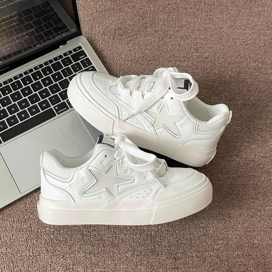 Retro platform white shoes women's spring and summer new round head casual lace-up board shoes women