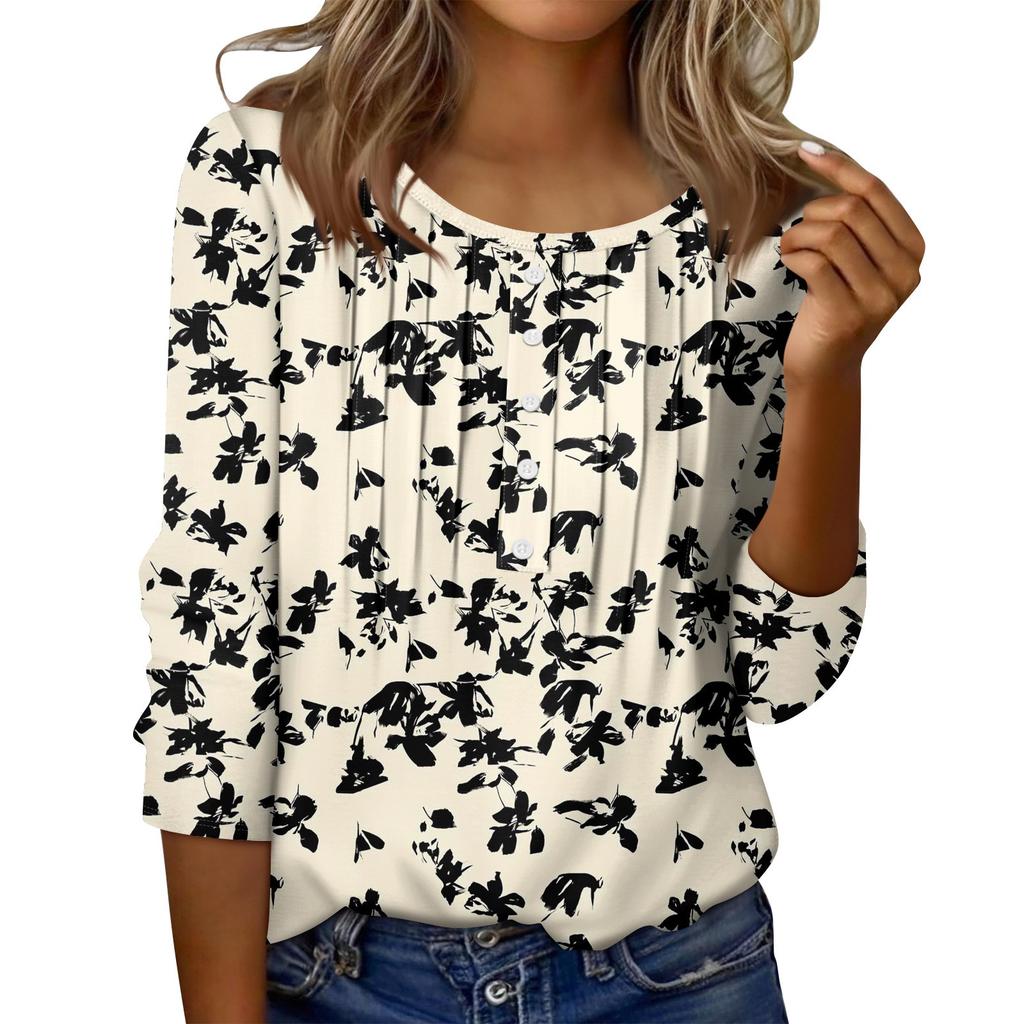 Women's Round Neck Pull Stripe Decorative Button Top Casual Color 3/4 Sleeve T Shirt
