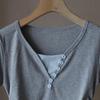 2025 Korean Style V-Neck Color Block Waist-Slimming Two-Piece Look Short-Sleeve T-Shirt