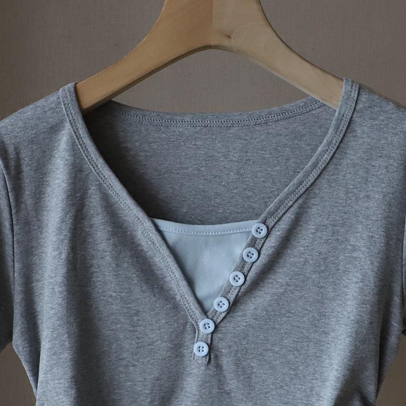 2025 Korean Style V-Neck Color Block Waist-Slimming Two-Piece Look Short-Sleeve T-Shirt