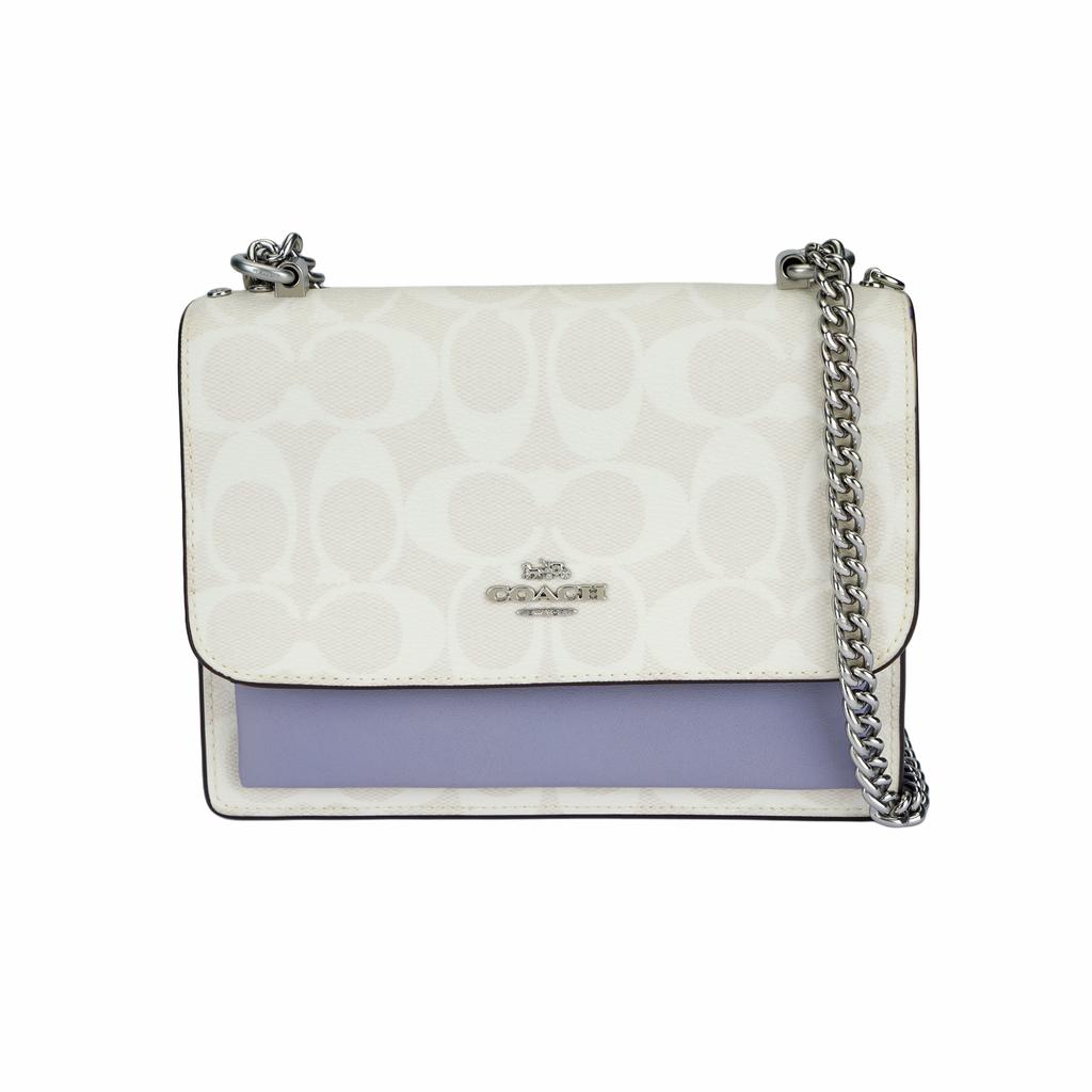 Coach Klare 18 Klassische Monogramm Klappe Brief Logo Leinwand und Leder Mini Umhängetasche Damen Umhängetasche Weiß Lavendel C9946-SVVVJ