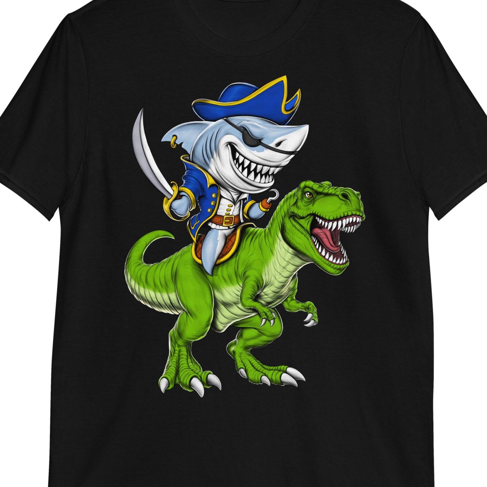 Shark Pirate Riding T-Rex Dinosaur T-Shirt; Funny Shark Tee 160