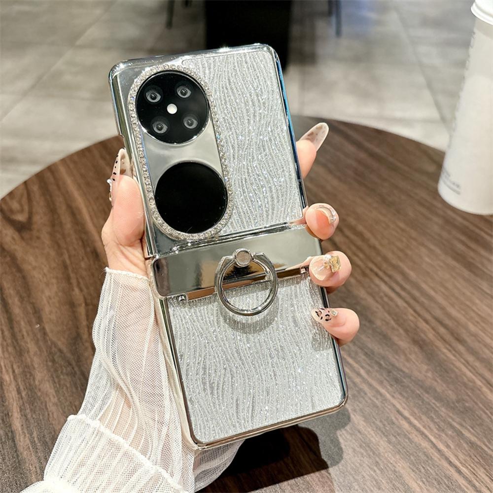 For Huawei Pocket 2 Case with Ring Holder Ripple Texture Hard PC Electroplating Phone Cover