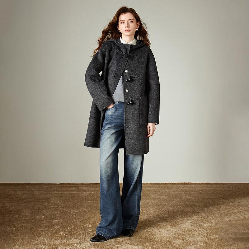 Palton retro de damă cu glugă, lungime medie, amestec de lână