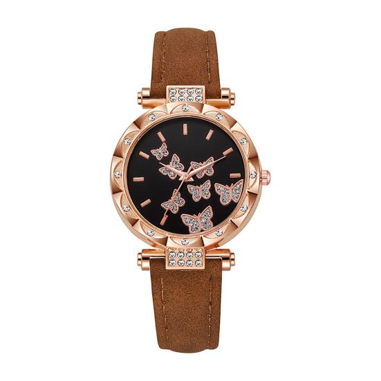 Ladies Butterfly Watch Artificial Leather Strap Quartz Watch Rhinestone Round Dial Fashionable Wristwatch for Women Party Office Date кофейный