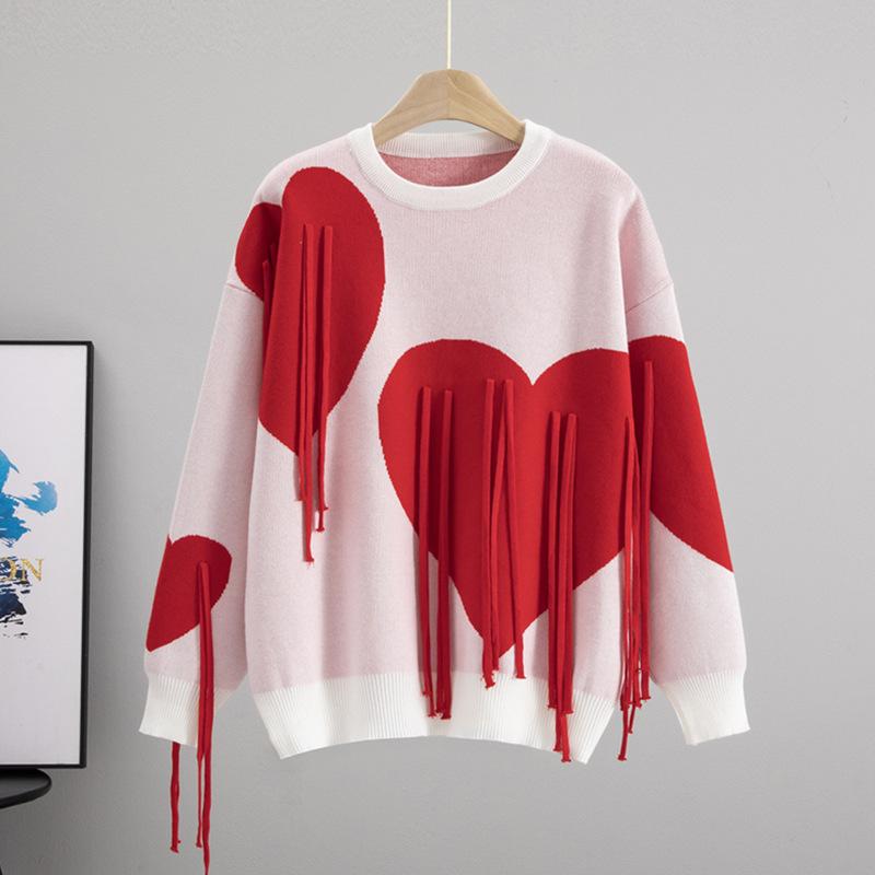 Soft Waxy Sweater Women's Autumn and Winter Soft Round Neck Fringed Love Loose Lazy Style Fashion Knitted Sweater Top Tide
