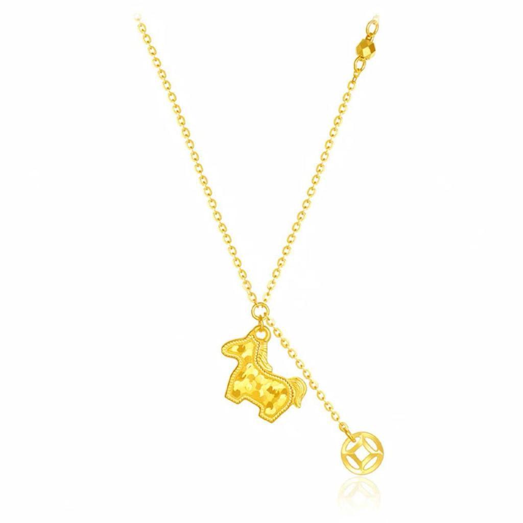 Nickel Silver Plated Crushed Ice Golden Horse Tassel Necklace: Zodiac Year of the Horse, High-End Feel.