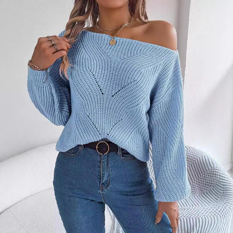 Women's Autumn and Winter Casual Cut-out One-neck Off-the-shoulder Balloon Sleeve Sweater
