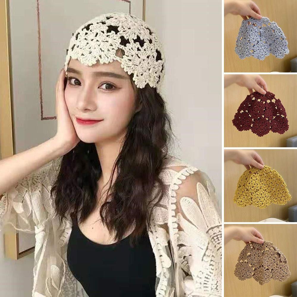 

Flowers Beret Cap Lace Skullies Hat Breathable Knitted Hat for Women білий