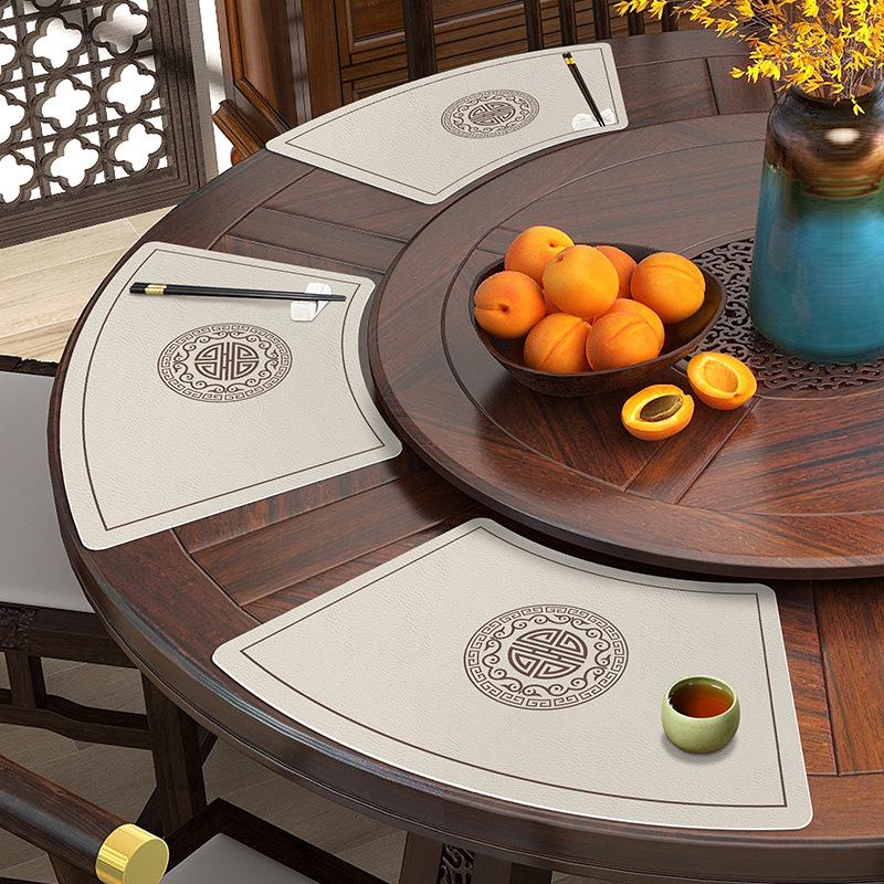 New Chinese Leather Placemat Waterproof Oil-Proof Insulation Dinning Table Placemat Hotel Round Table Dining Mat Fan-Shaped Dustproof Mat
