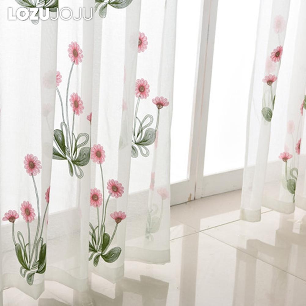 1PC LOZUJOJU 10-20% Blackout Rural Style Cartoon Pink Daisy Embroidered White Sheer Curtain for  Living Room Bedroom Window Decoration Home Decor