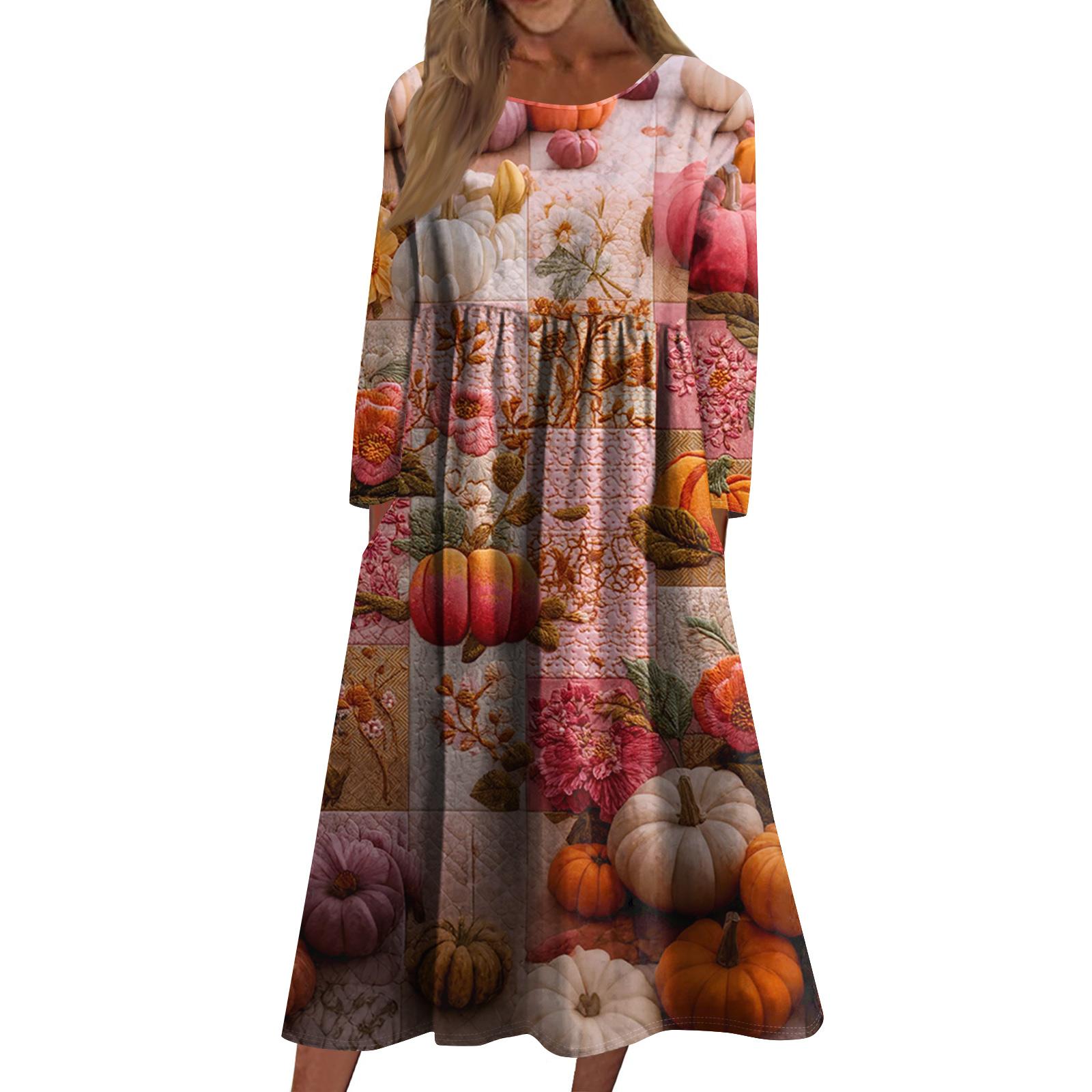 

Women s Casual -neck Halloween Print Mid-length Dress Long-sleeved Dress With Pocket XL кавун червоний колір