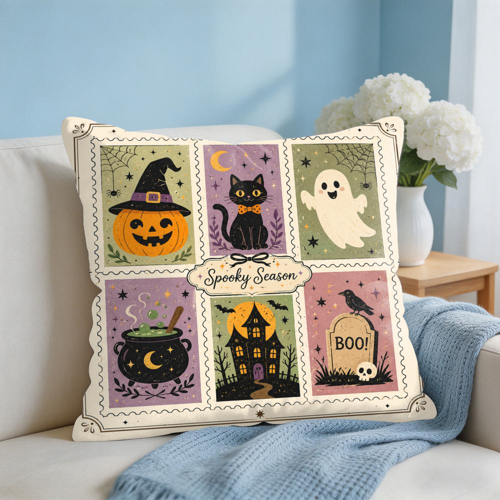Spooky Cute Halloween Ghost Cat Cushion Cover Breathable Organic Cushion Covers Machine Washable Wrinkle-Resistant Soft Durable