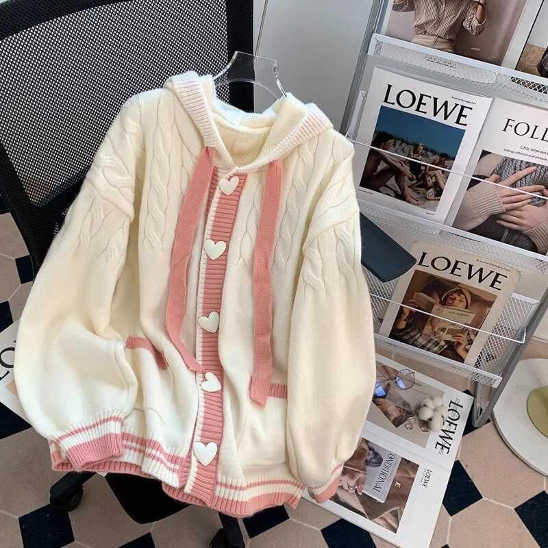 

Outerwear Female Spring Autumn and Winter High School Junior High School Students Older Children 15 Years Old 13 Preppy Thickened Knit cardigan Beige XL